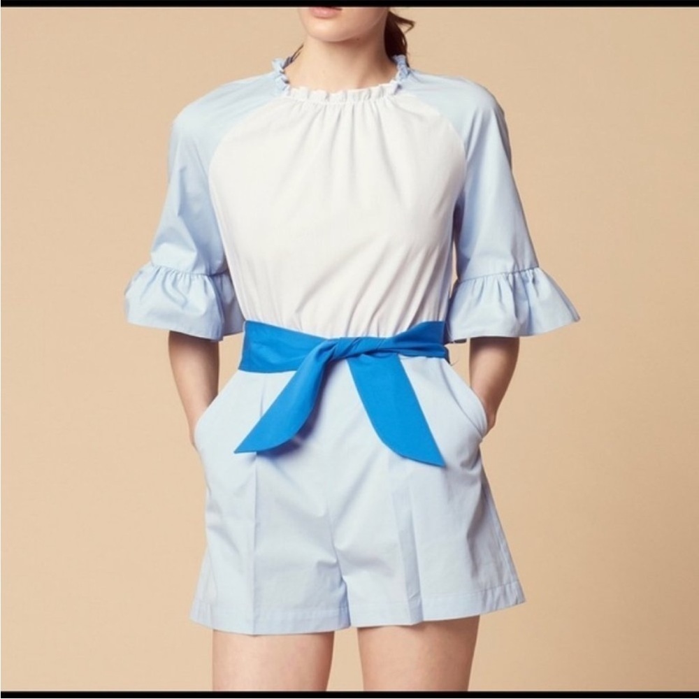 Sandro Paris Women’s Rosalyn Colorblock Pinstriped Blue Romper no size no belt